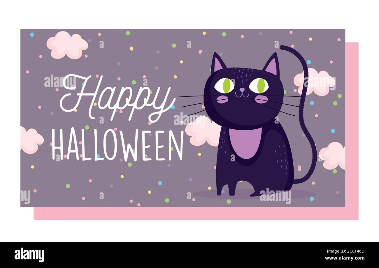 happy halloween, cute black cat clouds cartoon trick or treat party ...