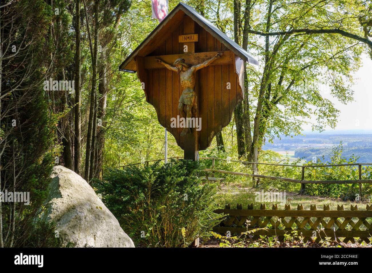 Crucifix on the Leonberg view over the Inn, near Marktl am Inn, Upper Bavaria, Bavaria, Germany Stock Photo