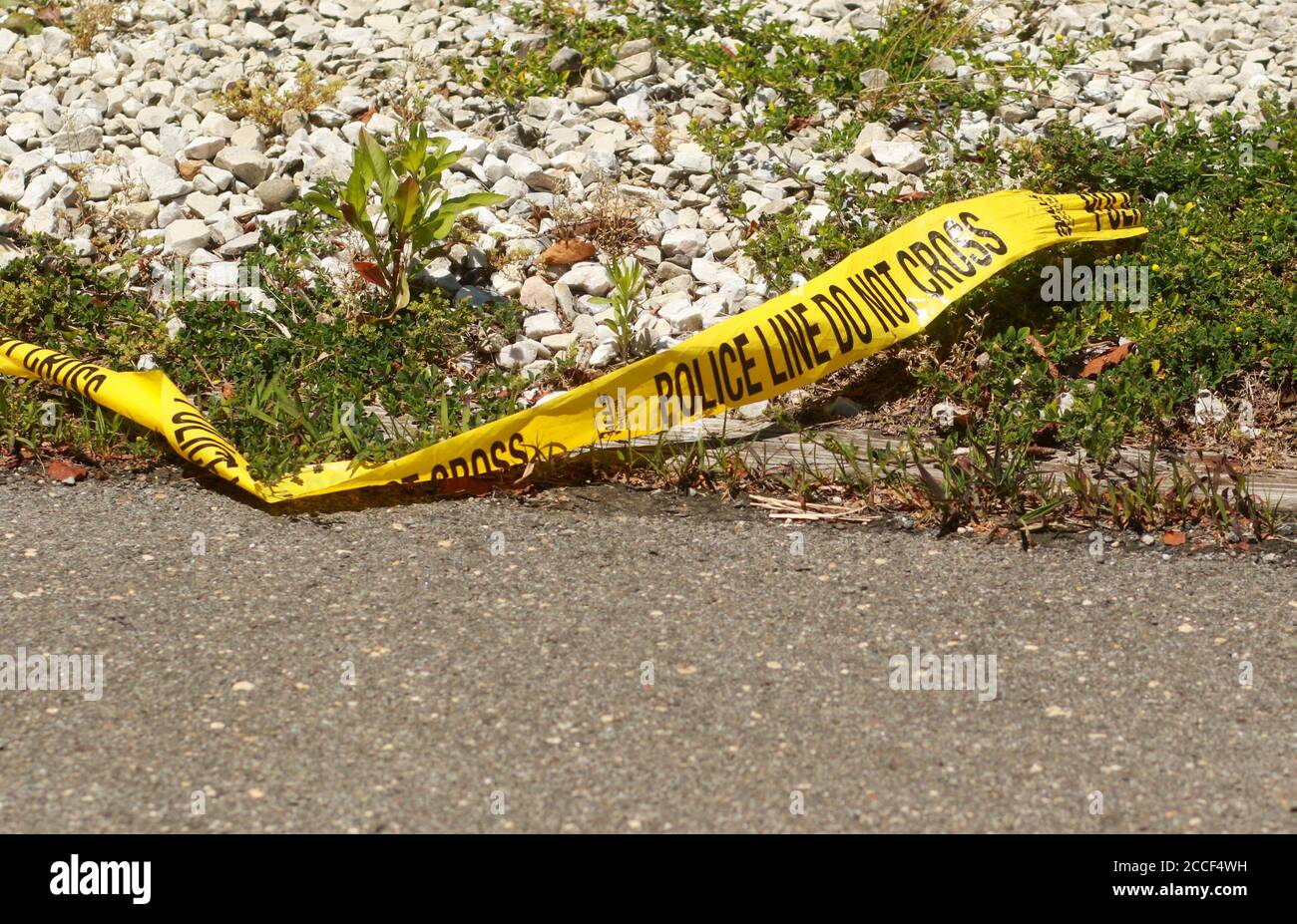 Police line do not cross photos from different scenes Stock Photo