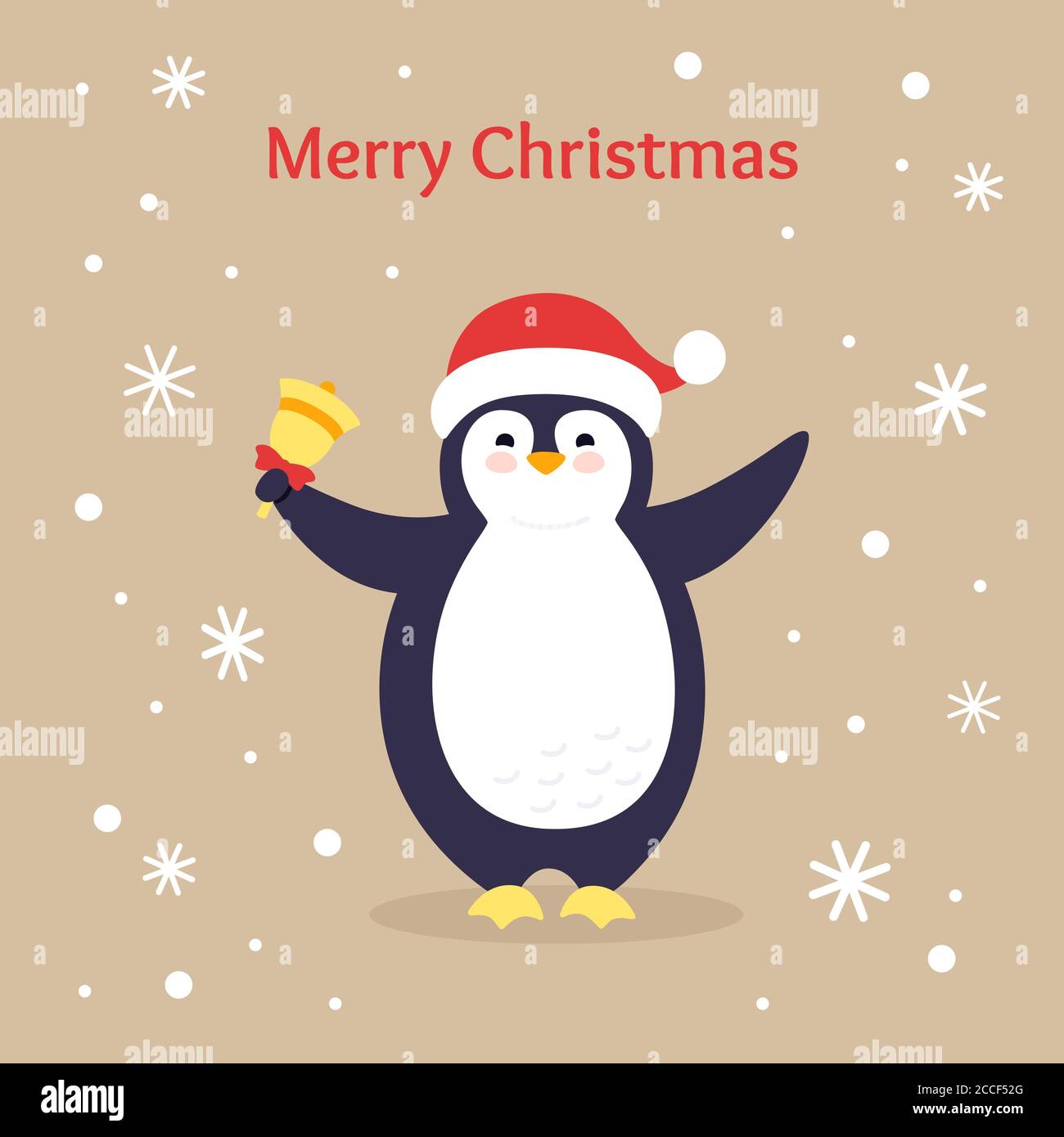 Penguin with bell, winter holidays postcard cartoon greeting Merry Christmas. Cute flat card hand drawn penguin. Funny happy New year animal character. Isolated vector illustration Stock Vector