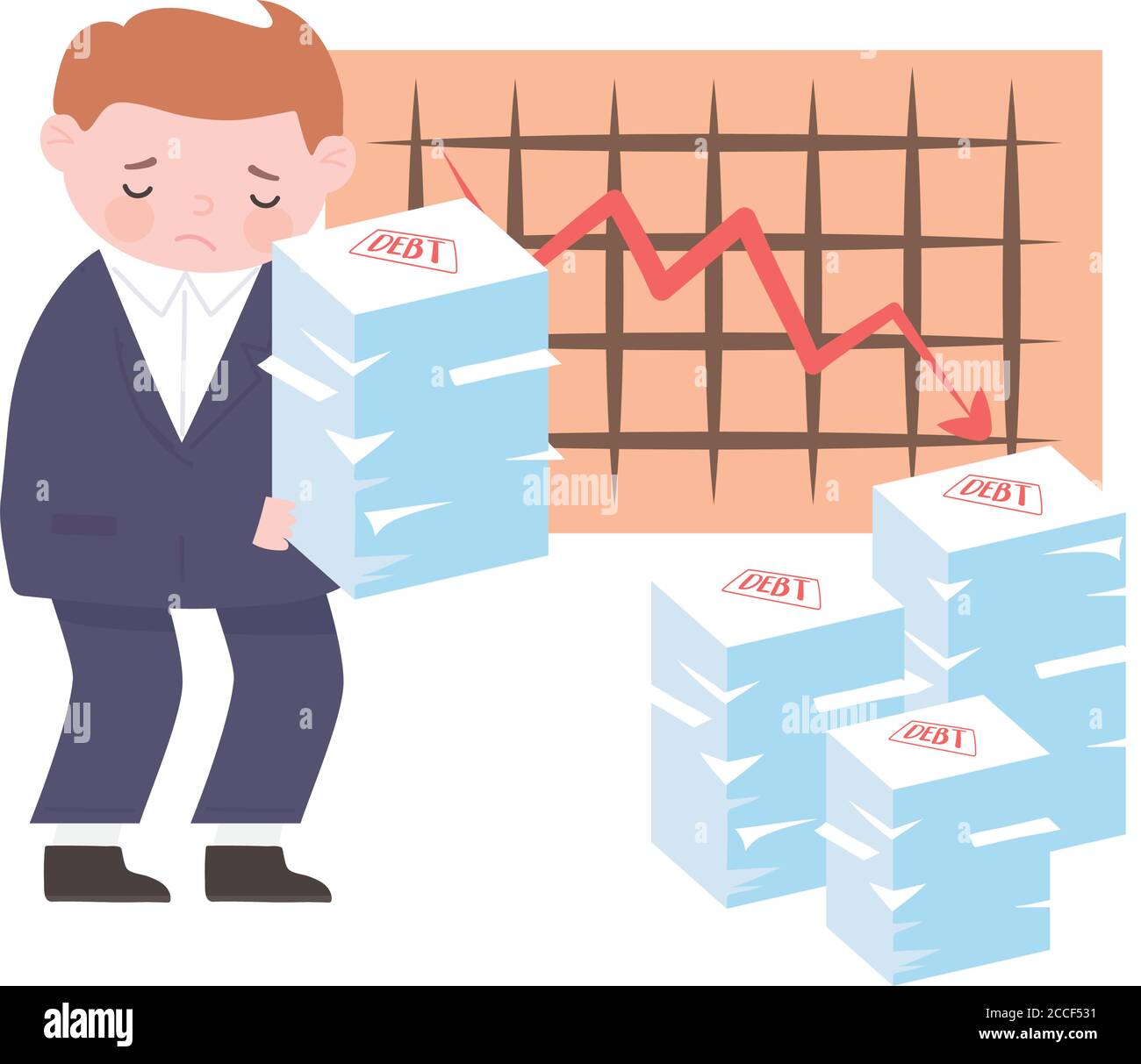 bankruptcy sad businessman stack of debt papers and diagram down arrow ...