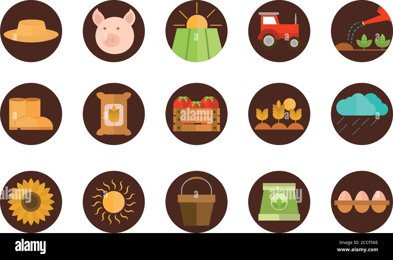 agriculture work equipment farm cartoon block and flat icons set vector ...