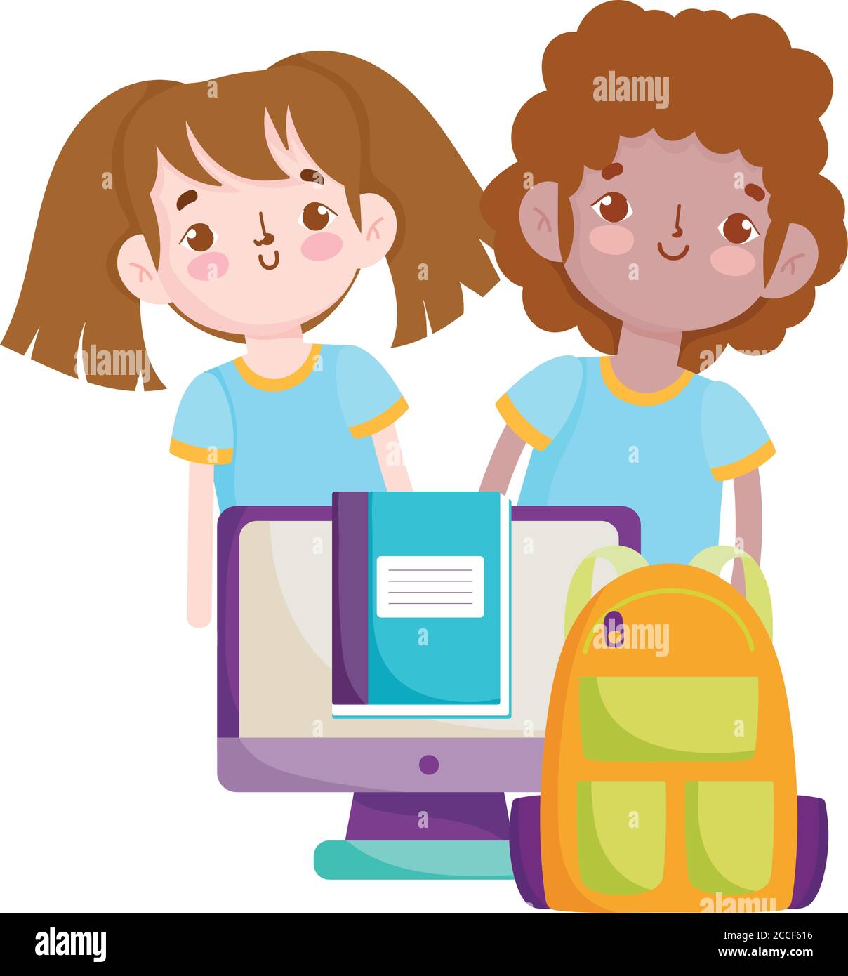back to school, student boy and girl backpack computer textbook ...