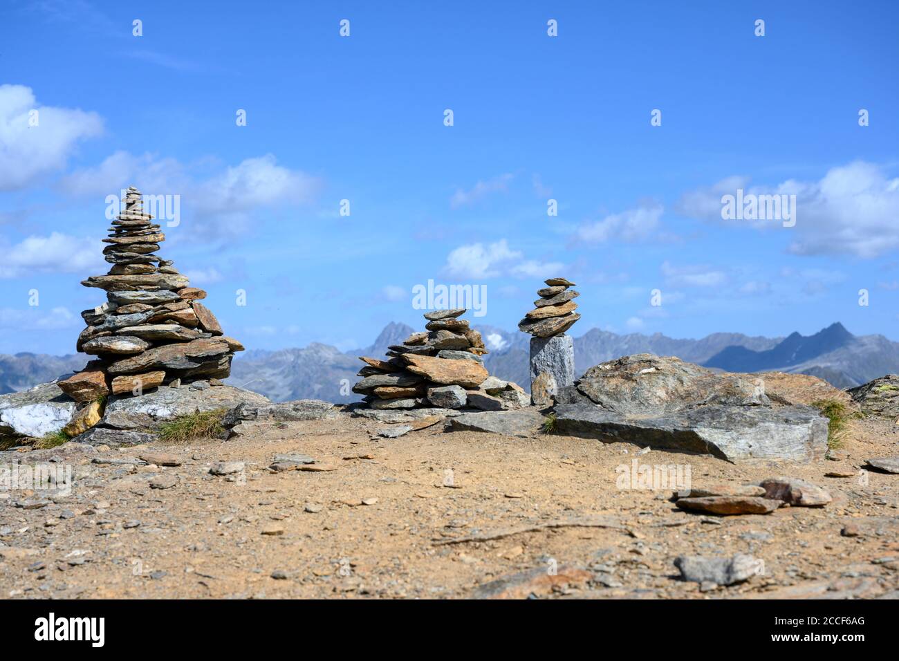 Austria, Montafon, Gaschurn, Versettlagipfel (2372 m) with stone men. Stock Photo