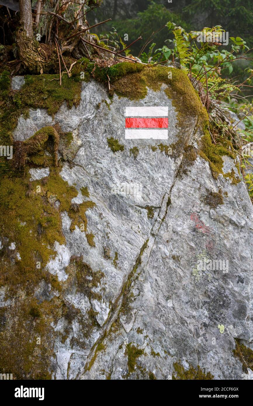 Austria, Montafon, hiking trail marking. Stock Photo