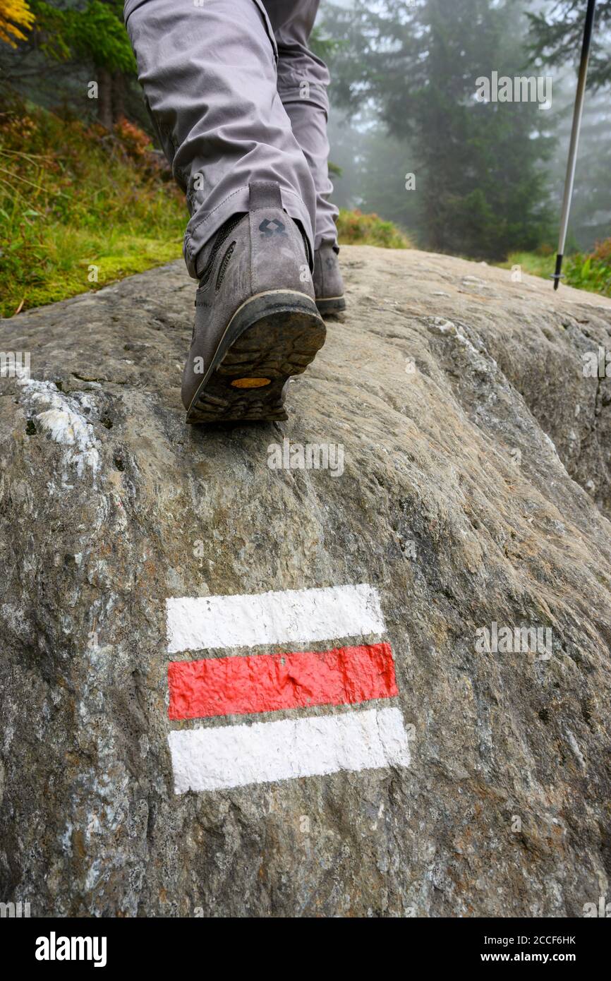 Austria, Montafon, hiking trail marking. Stock Photo