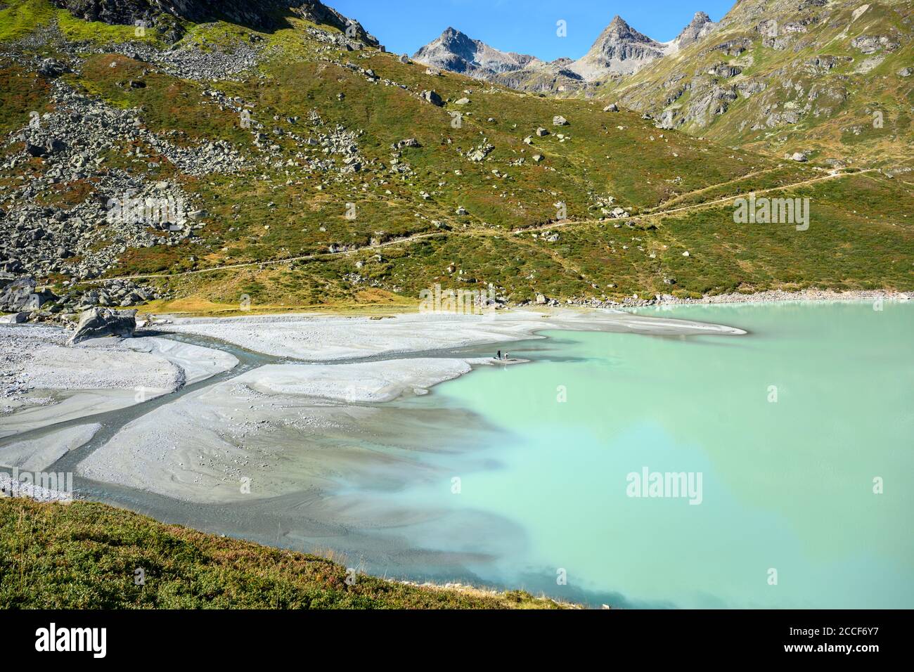 Austria, Montafon, the Ill flows into the Silvrettasee at the southern end. Stock Photo