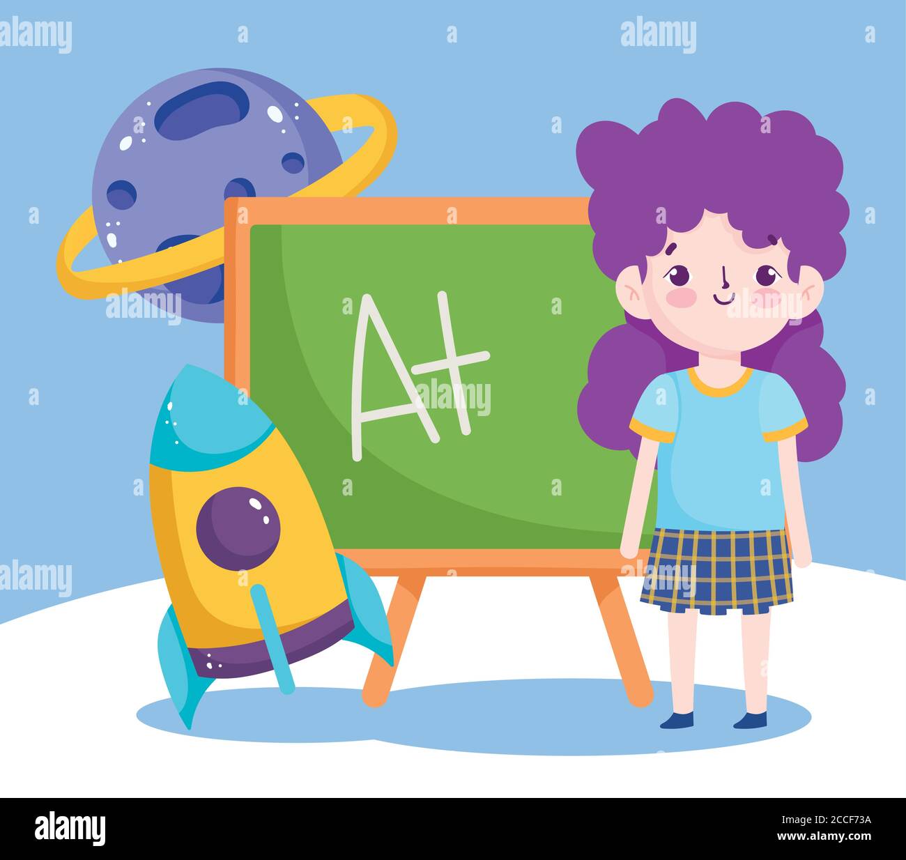 back to school, student girl chalkboard rocket planet elementary ...