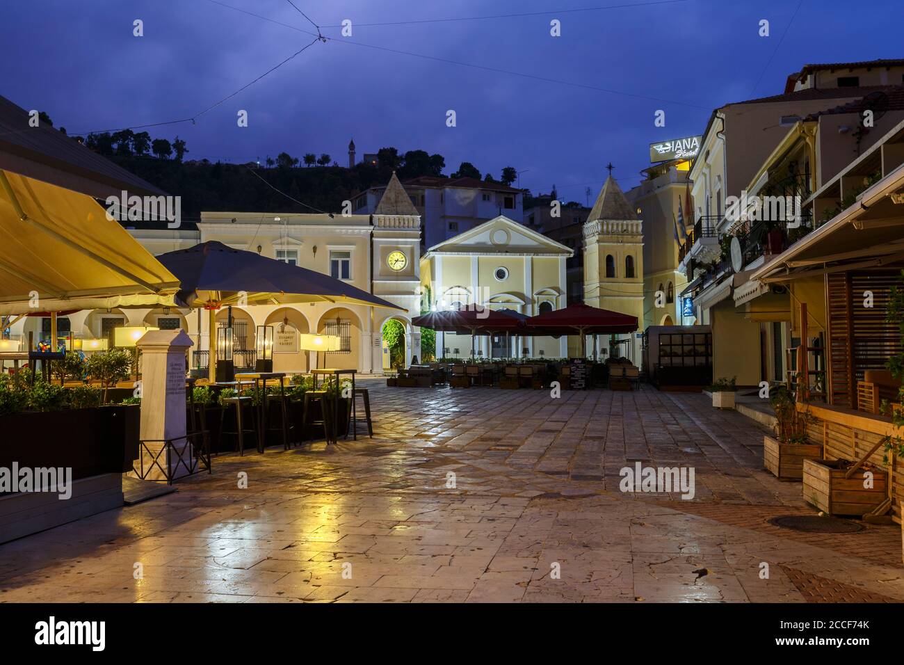 Dawn in St Marco square in Zakynthos town, Greece. Stock Photo