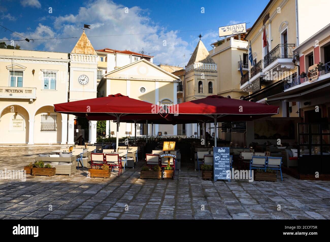 Early morning in St Marco square in Zakynthos town, Greece. Stock Photo
