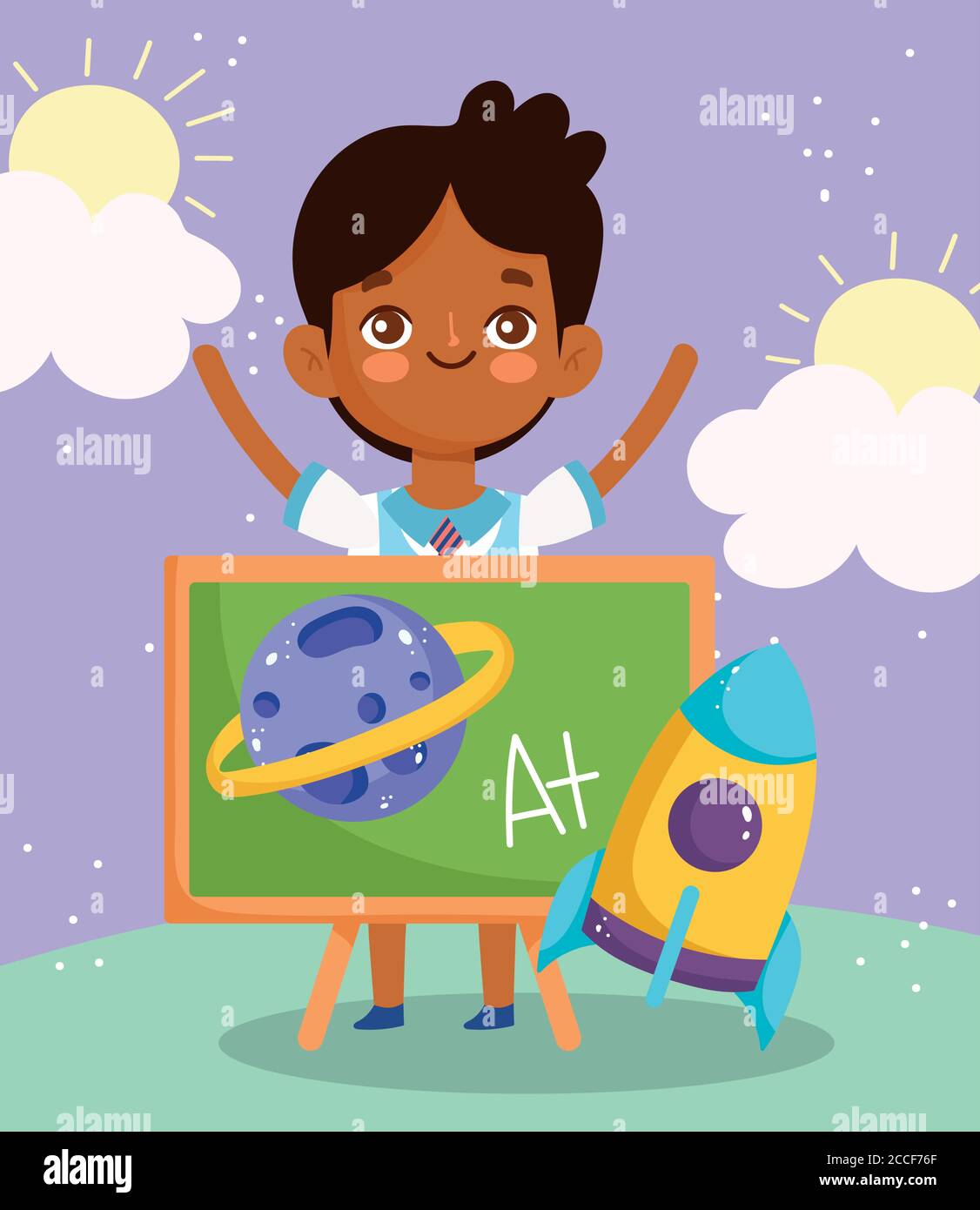 back to school, student boy chalkboard rocket planet elementary ...