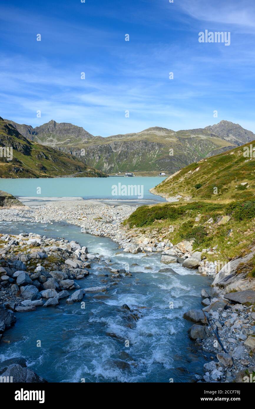 Austria, Montafon, the Ill flows into the Silvrettasee, view to the Biehler-Höhe. Stock Photo