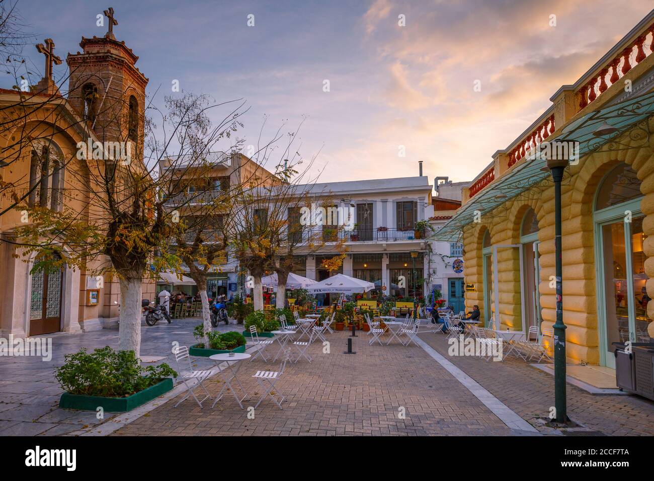 Psiry Church and coffee shops in Psirri neighborhood of, Athens Stock Photo ...