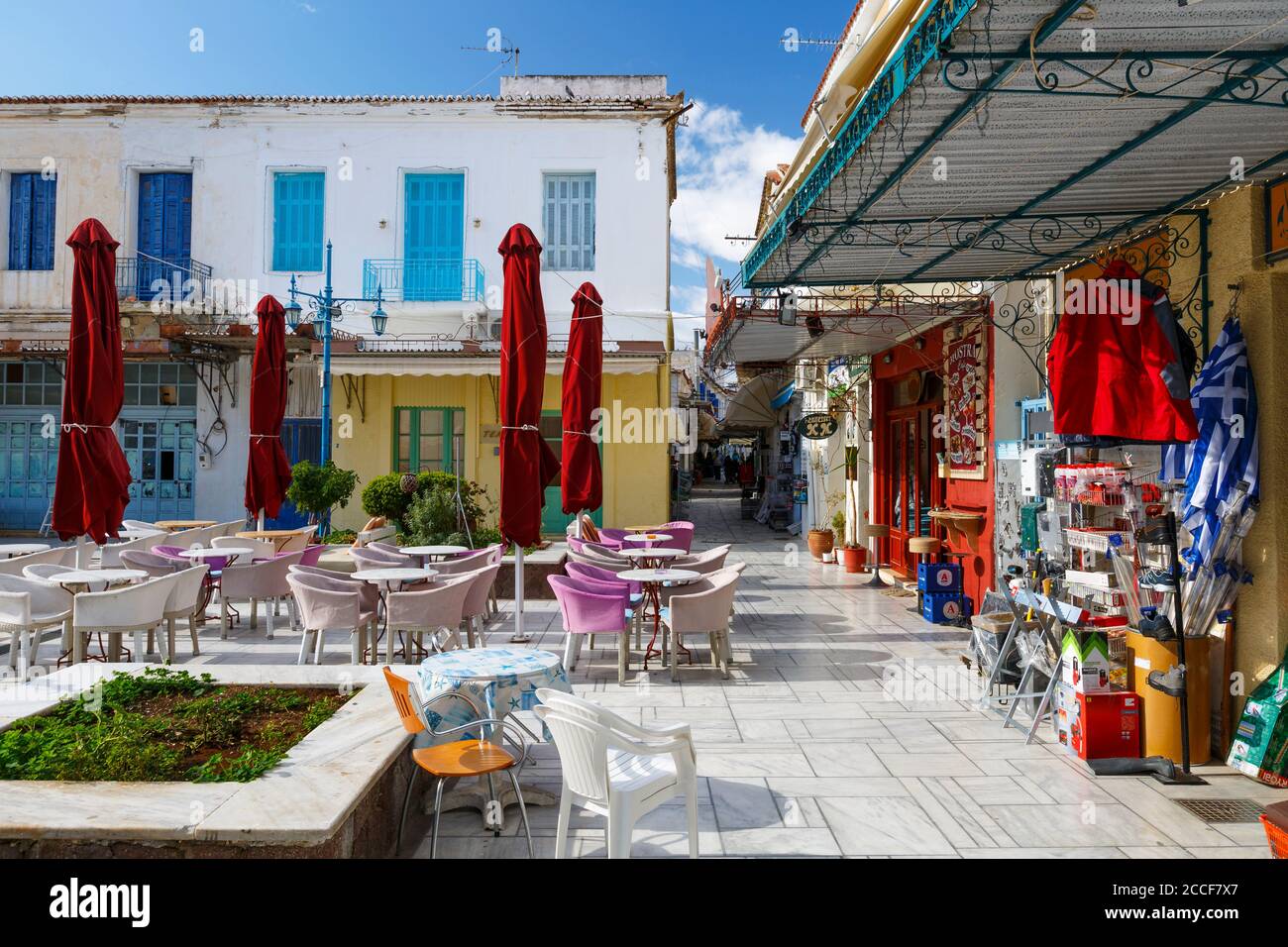 Shops in a square in Chora village of Poros island in Greece. Stock Photo