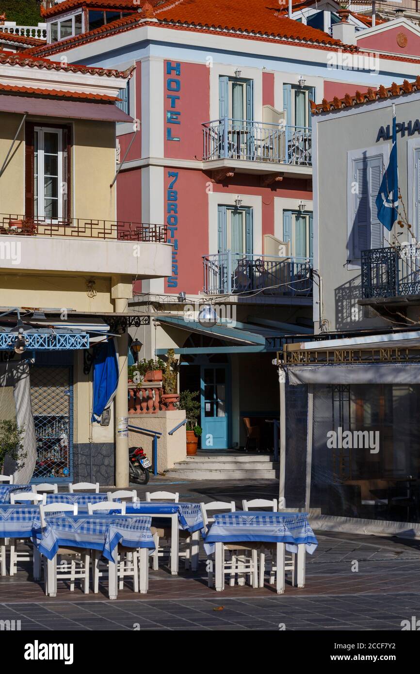 Restaurant at the harbor seafront in Chora village of Poros island. Stock Photo