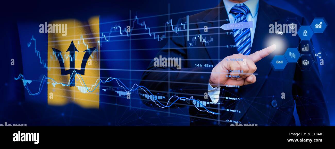 Businessman touching data analytics process system with KPI financial charts, dashboard of stock and marketing on virtual interface. With Barbados fla Stock Photo