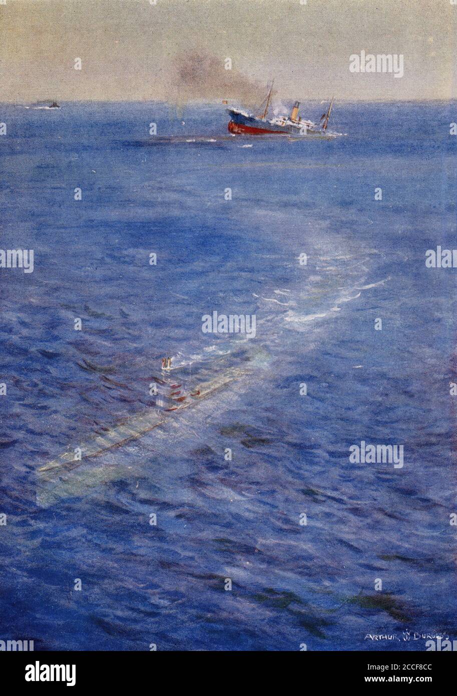 Halftone of a German U-boat sailing away from a sinking ship in World War One. From The History of The Great War. Stock Photo