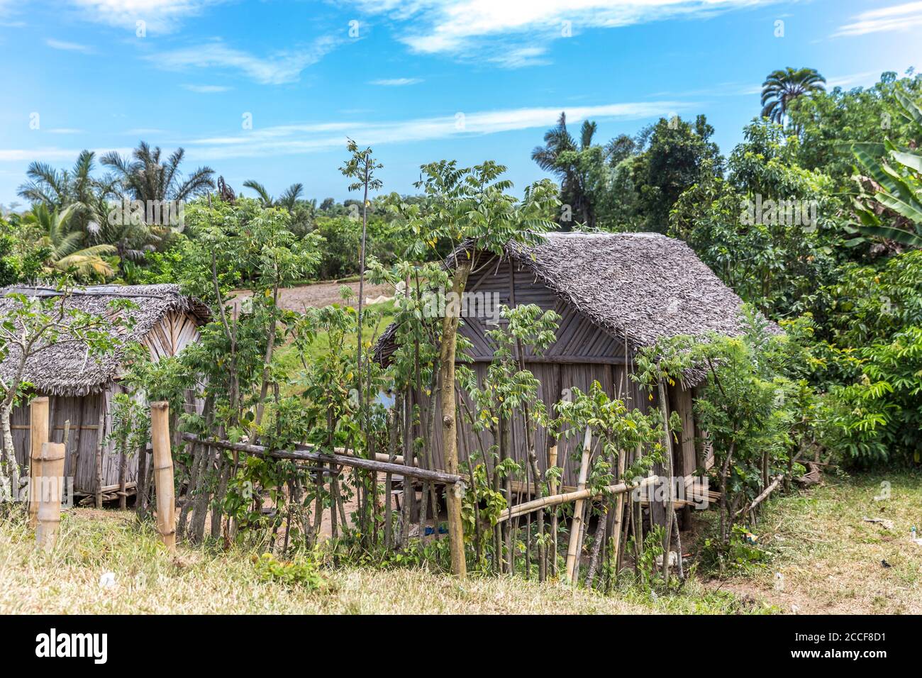 Simple wooden hut covered with palm leaves, bamboo fence, Ivoloina, Taomasina, Tamatave, Madagascar, Africa, Indian Ocean Stock Photo