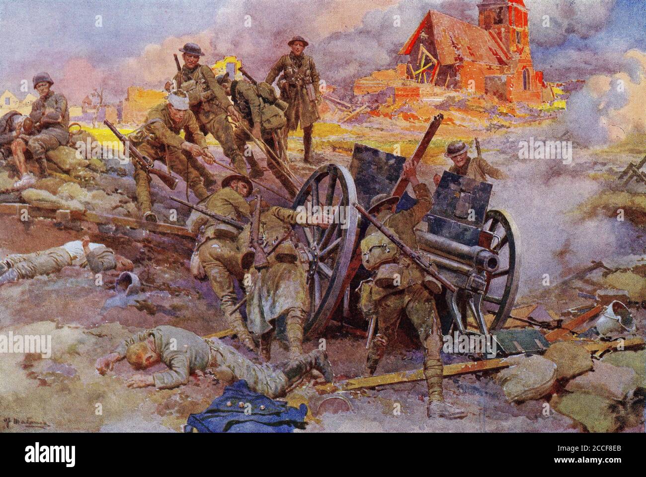 Halftone of British infantry relocating a captured German field gun in World War One. From The History of The Great War. Stock Photo