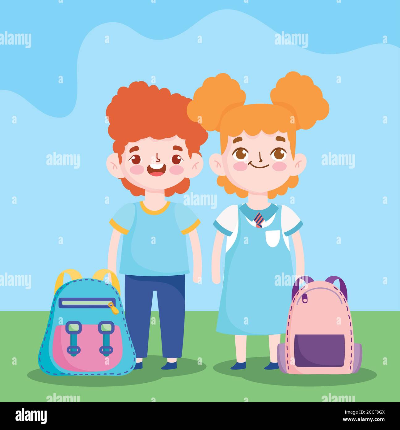 back to school, student boy and girl bags elementary education cartoon ...