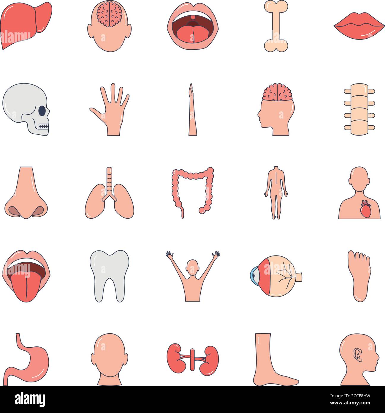 nose and human body parts icon set over white background, line fill ...