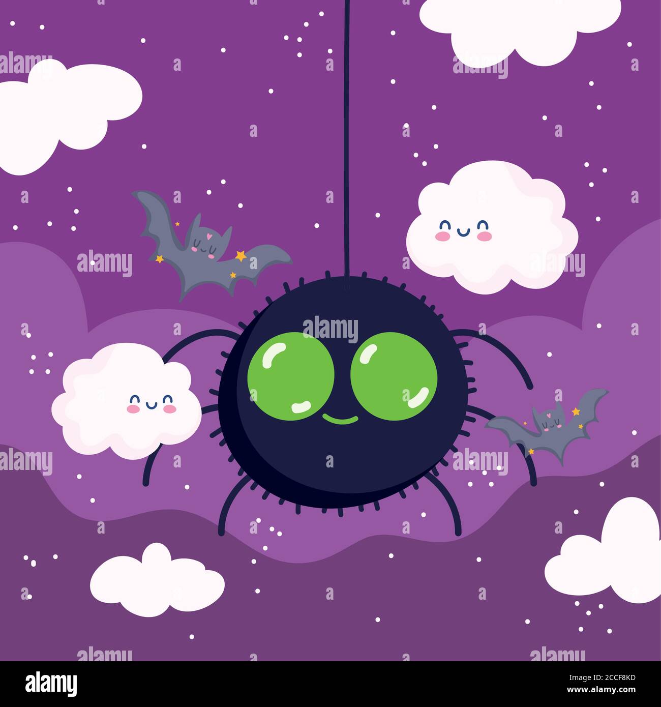 happy halloween, cartoon spider clouds and bats trick or treat party ...