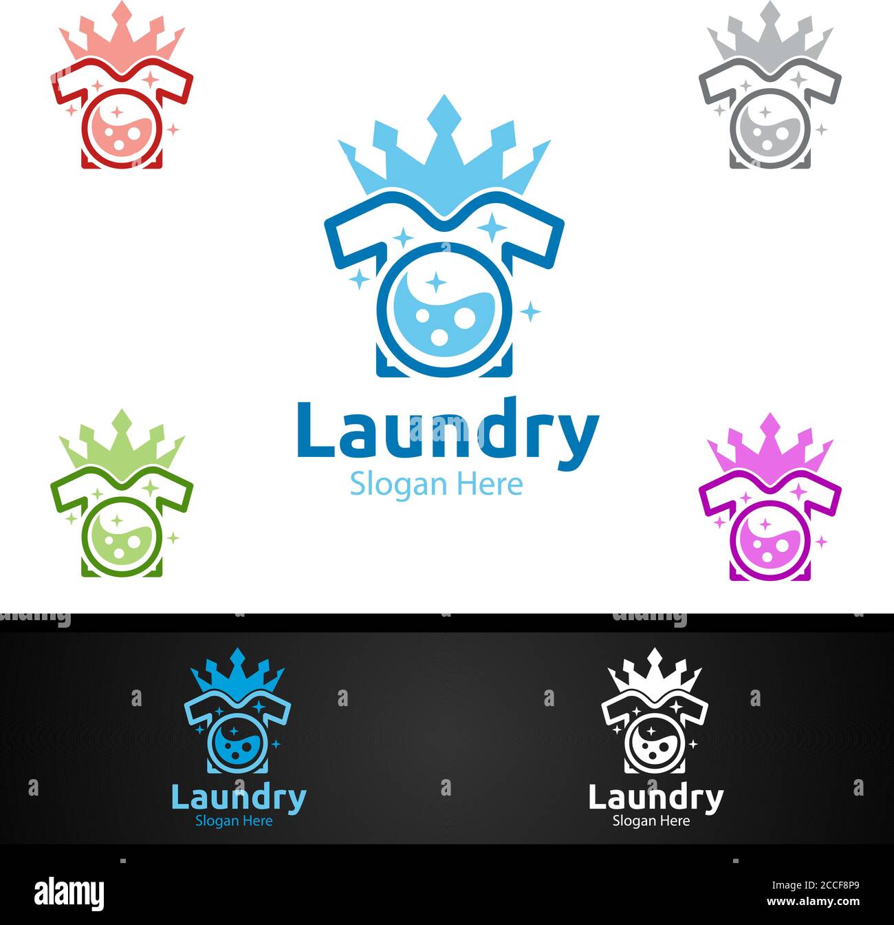 King Laundry Dry Cleaners Logo with Clothes, Water and Washing Concept