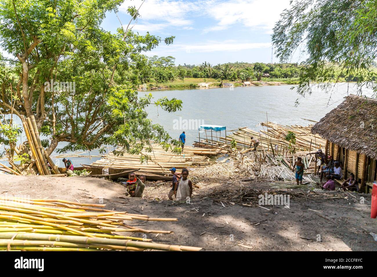 Construction of rafts made of bamboo, Ivoloina River, Taomasina, Tamatave, Madagascar, Africa, Indian Ocean Stock Photo