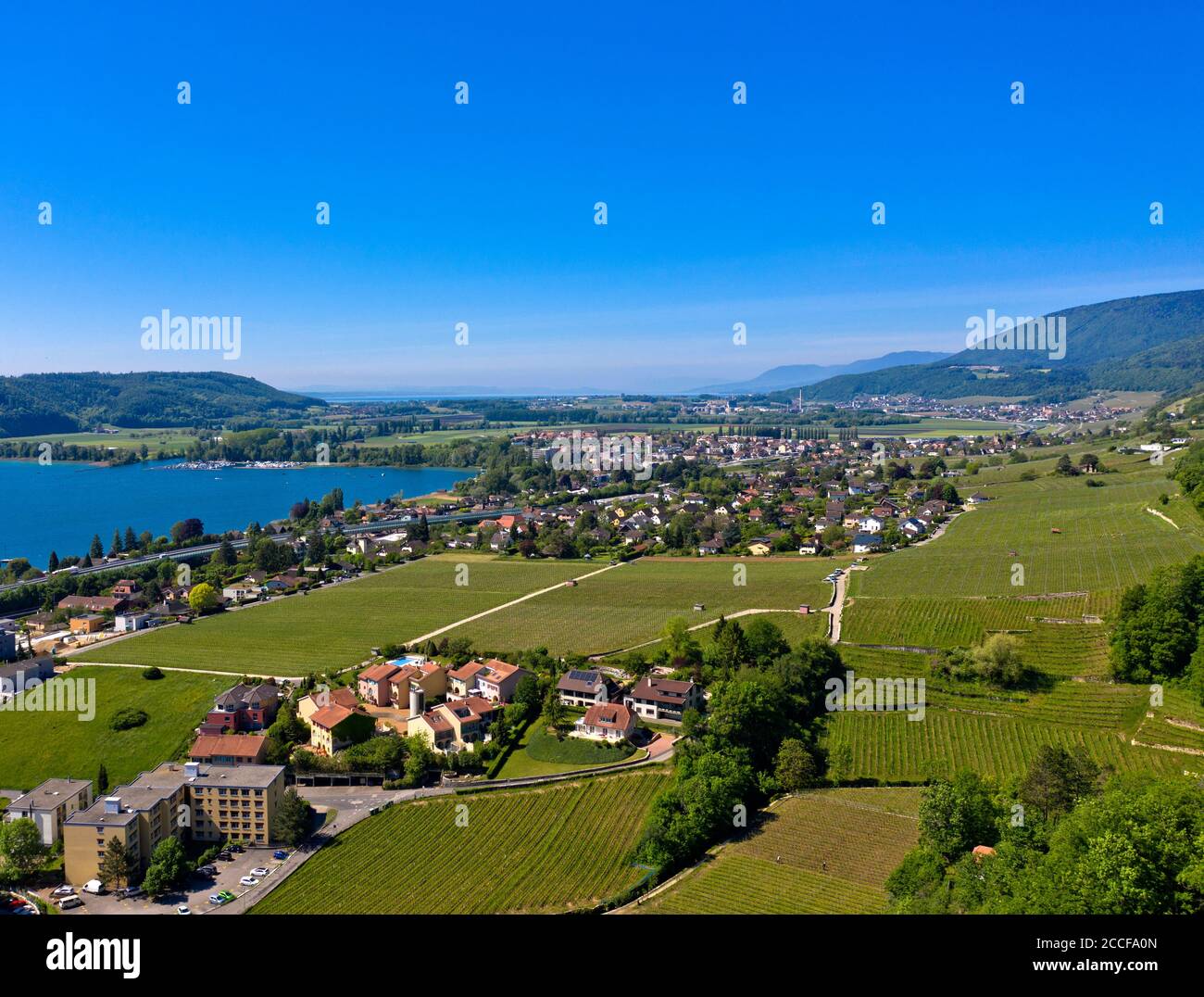 Landscape on Lake Biel, view of the town of Le Landeron, Canton of Neuchâtel, Switzerland Stock Photo