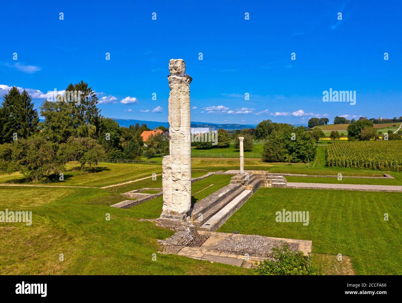 Columns in the Cigognier Temple, Aventicum, Avenches, Canton of Vaud, Switzerland Stock Photo