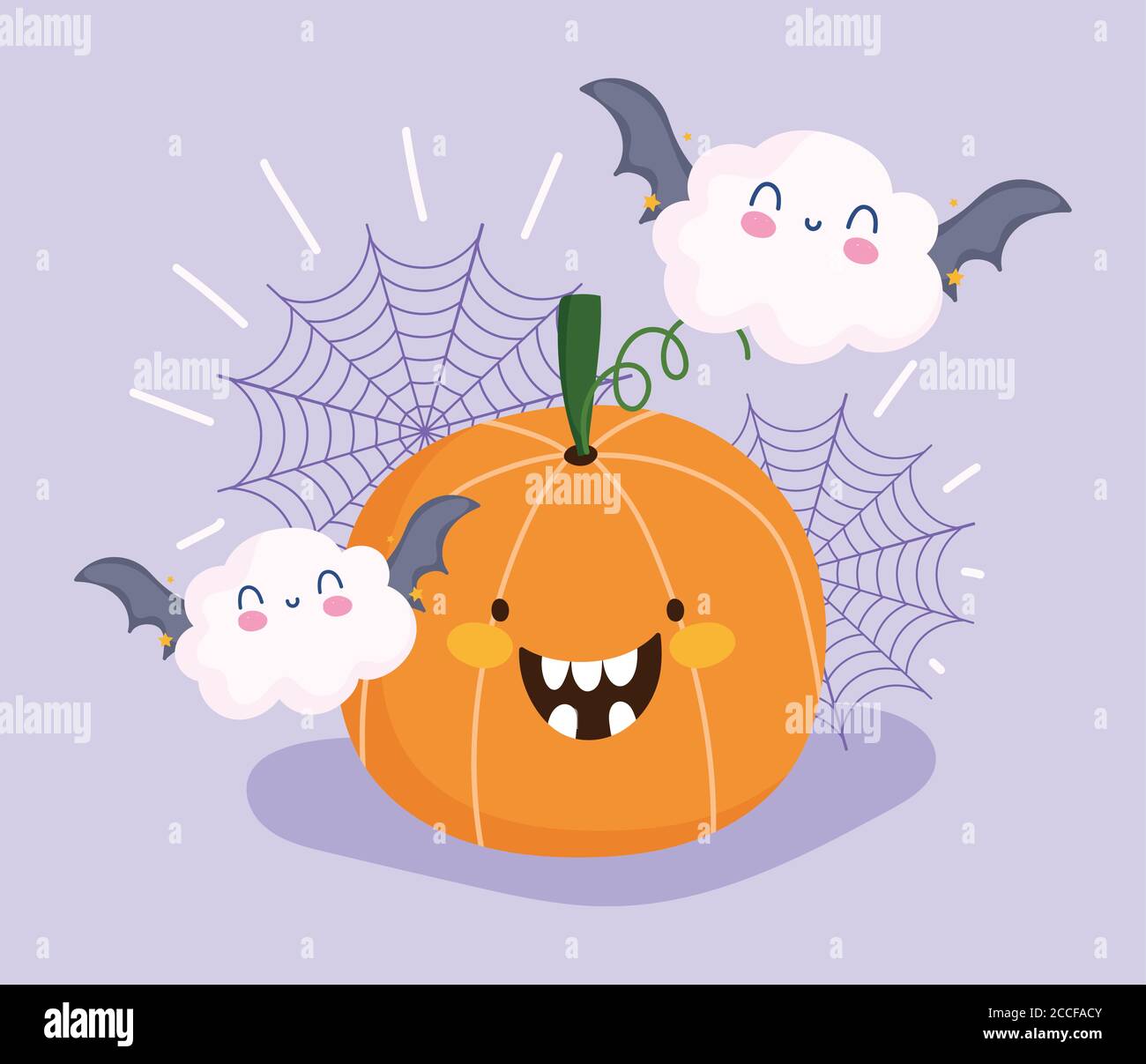 happy halloween, cute pumpkin clouds bats cobweb trick or treat party ...