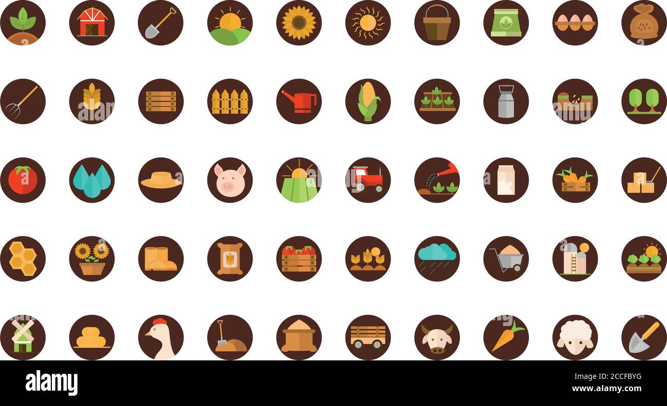 agriculture work equipment farm cartoon block and flat icons set vector ...