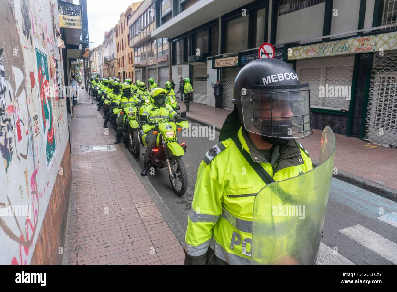 Bogota, Colombia. 21st Aug, 2020. Police officers in the protest against the recent massacres in NariÃ±o and Cali Credit: Daniel Garzon Herazo/ZUMA Wire/Alamy Live News Stock Photo