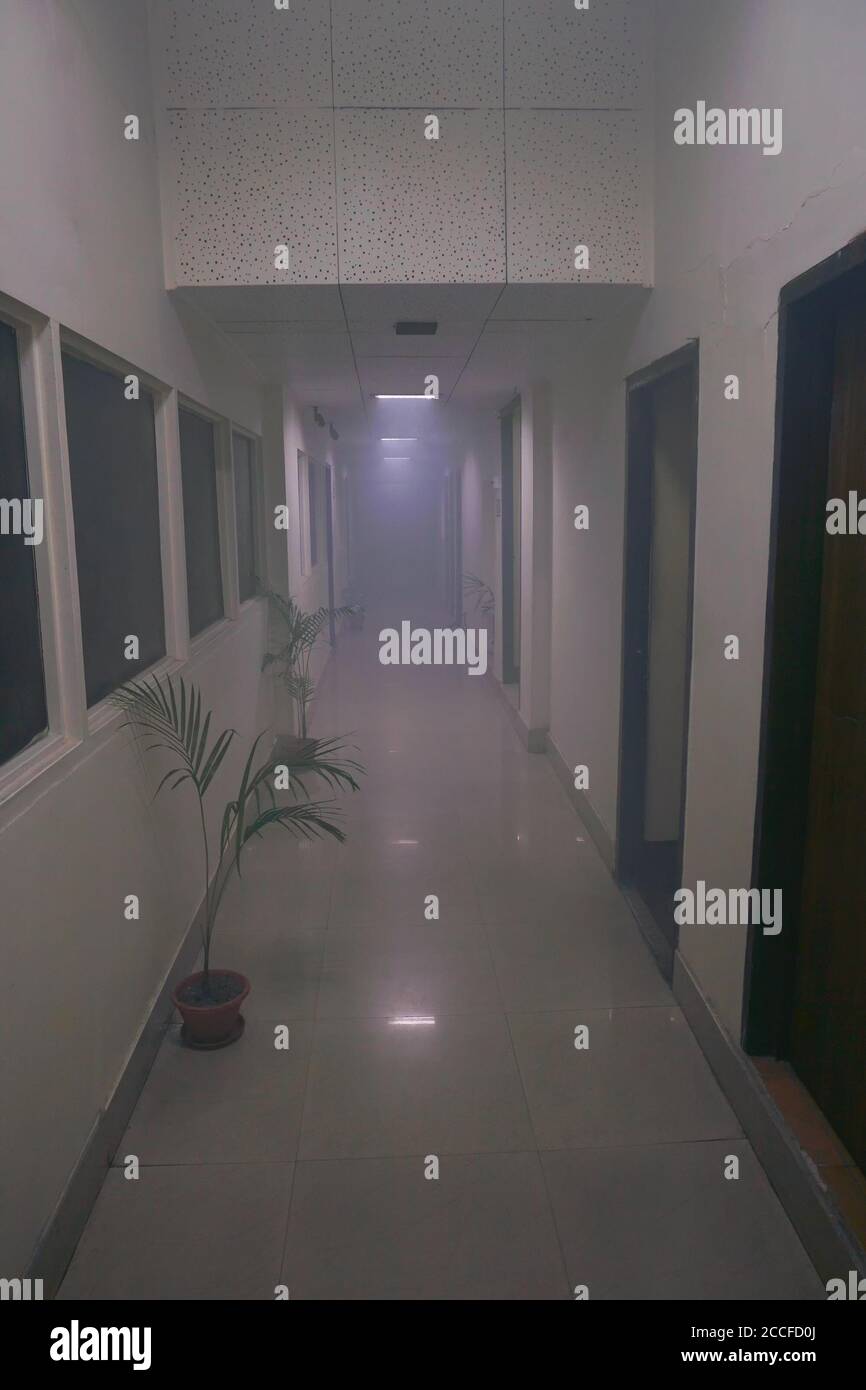 Kolkata, West Bengal, India - 21st June 2020 : An Office corridor after sanitization spray used, sanitizing smoke filled the air. Sanitized space. Stock Photo