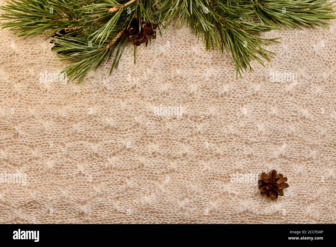 Live pine branches hang from above and a small bump at the bottom right on a knitted canvas. Stock Photo