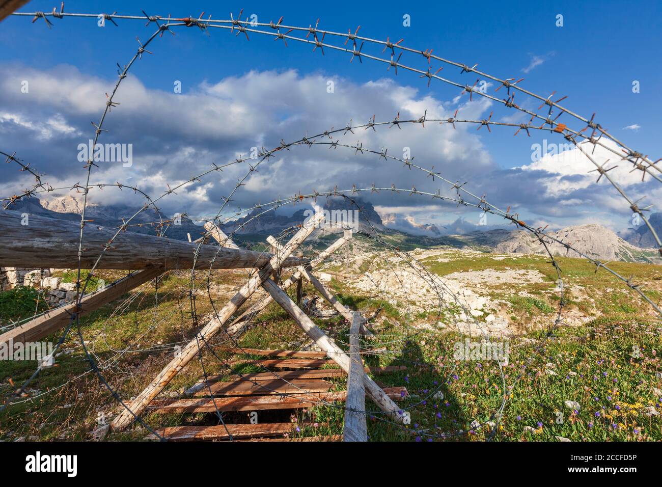 barbed wire between the trenches of the First World War on the Monte Piana, Sexten Dolomites, Auronzo di Cadore, Belluno, Veneto, Italy Stock Photo