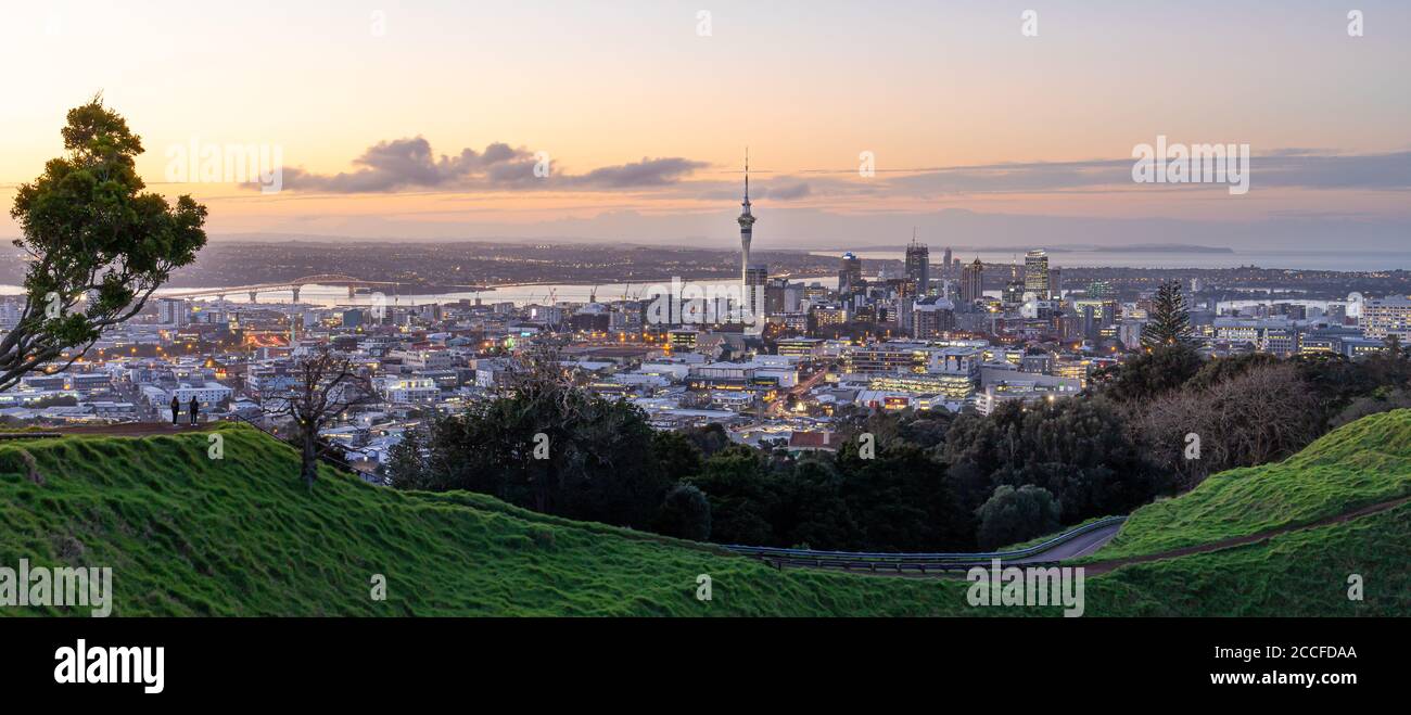 Auckland city skyline with Auckland Sky Tower from Mt. Eden at sunset New Zealand Stock Photo