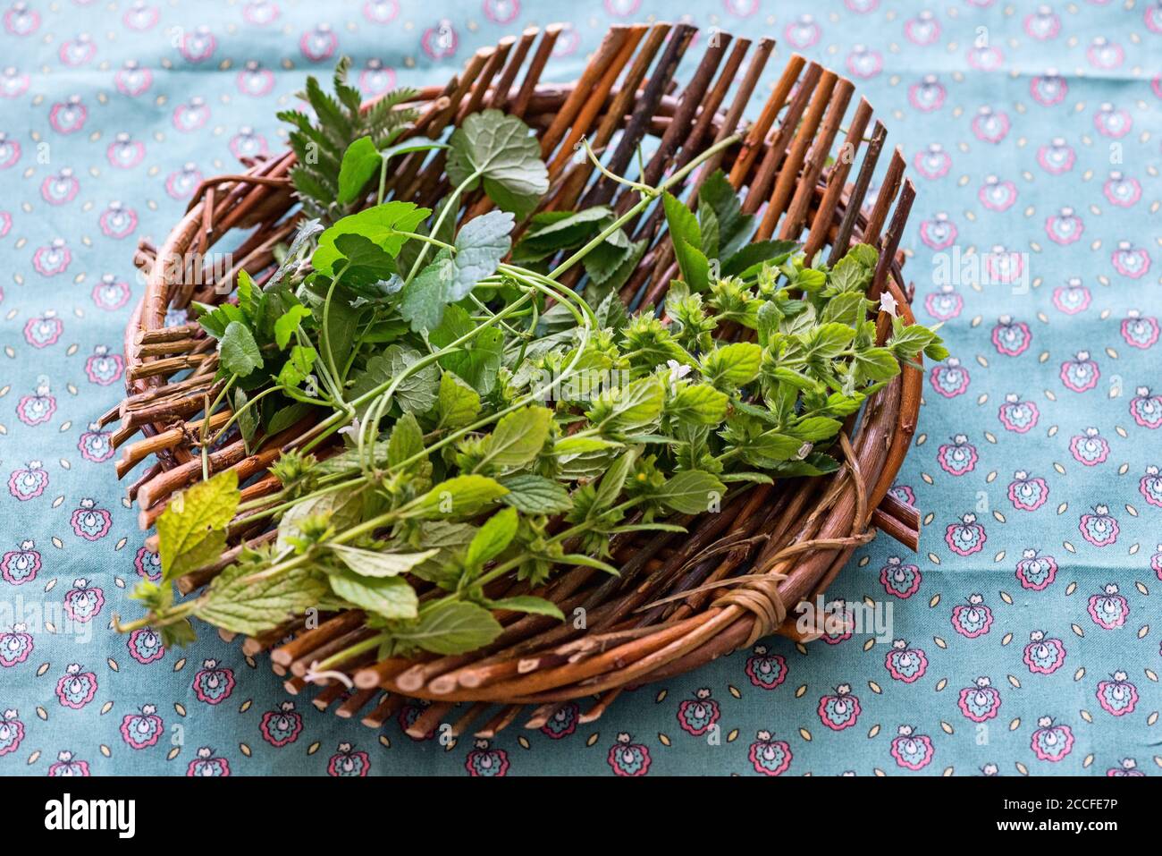 Wild herbs collected on a wicker plate on a Provencal blanket Stock Photo