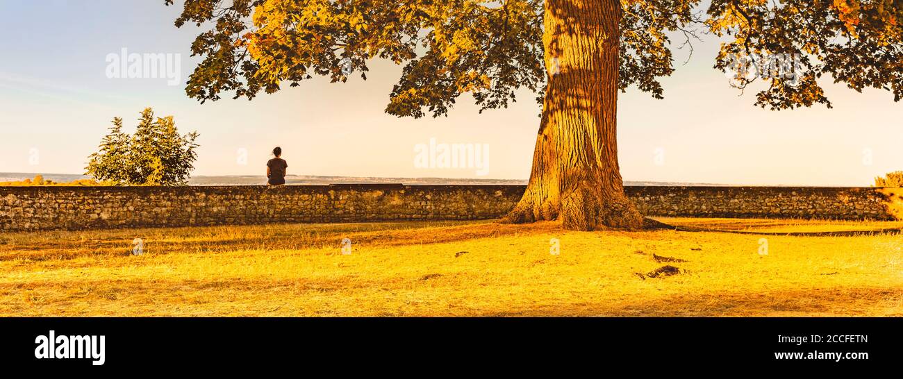 Woman sitting on a brick wall in autumn Stock Photo