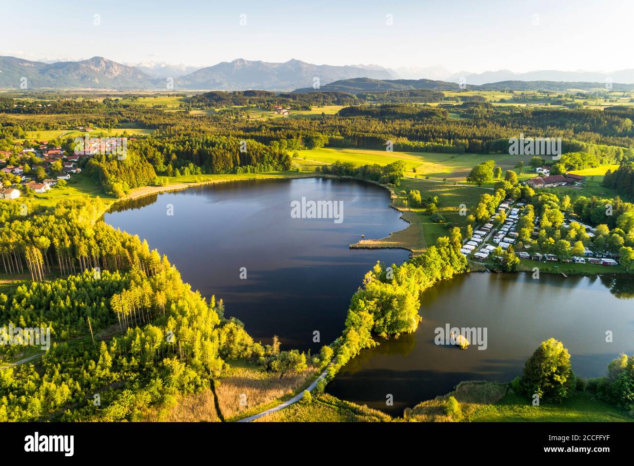 Germany, Bavaria, Penzberg, residential area and campsite at Huberer Weiher Stock Photo