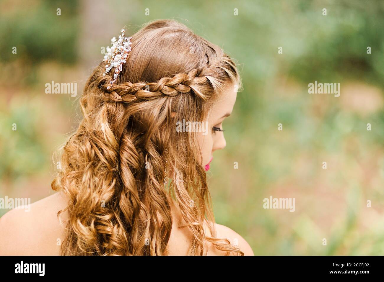 Bride, wedding, garden, young woman, wedding dress, landscape format, headdress, braid Stock Photo