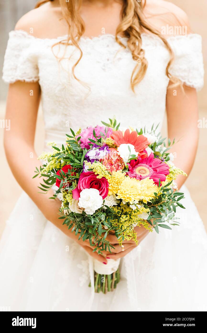 Wedding, bridal bouquet, flowers, decoration, portrait format Stock Photo