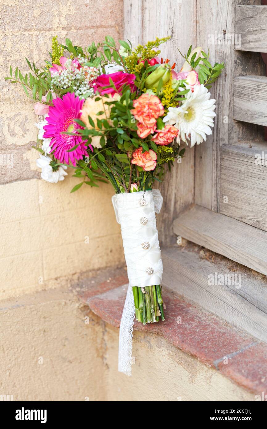Wedding, bridal bouquet, flowers, decoration, portrait format Stock Photo