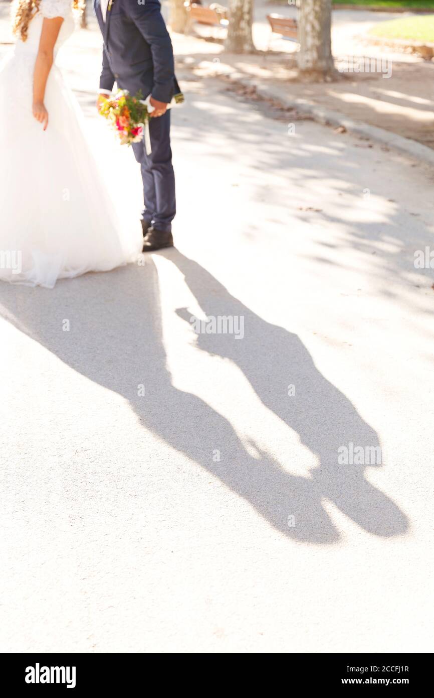 Wedding, newlyweds, young adults, kissing, love, shadows Stock Photo