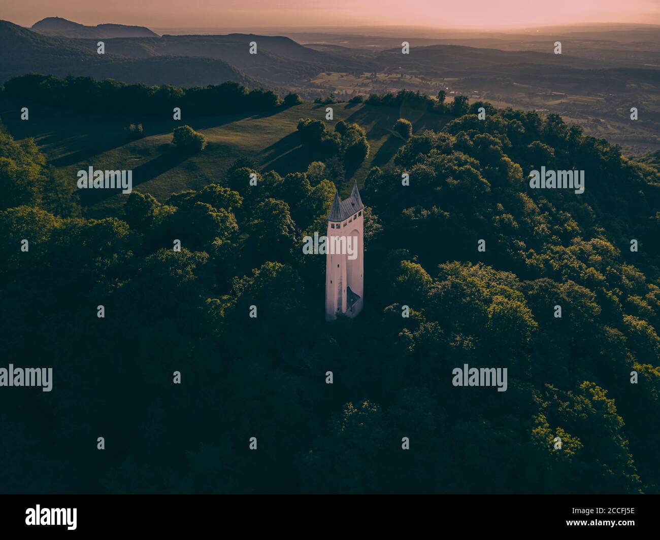 Schönbergturm Pfullingen, Pfullinger Onderhos, underpants, Schönberg, Pfullingen, Swabian Alb, Baden-Württemberg, Germany, Europe, aerial view, sunset Stock Photo