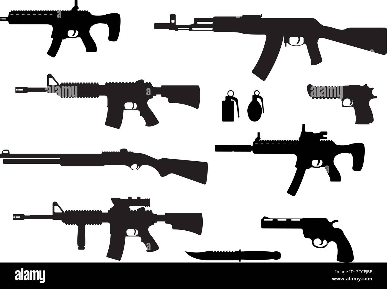 Set of weapon military rifle, revolver and desert eagle pistol, shotgun carbine, grenade, knife and submachine gun black simple icon vector illustrati Stock Vector
