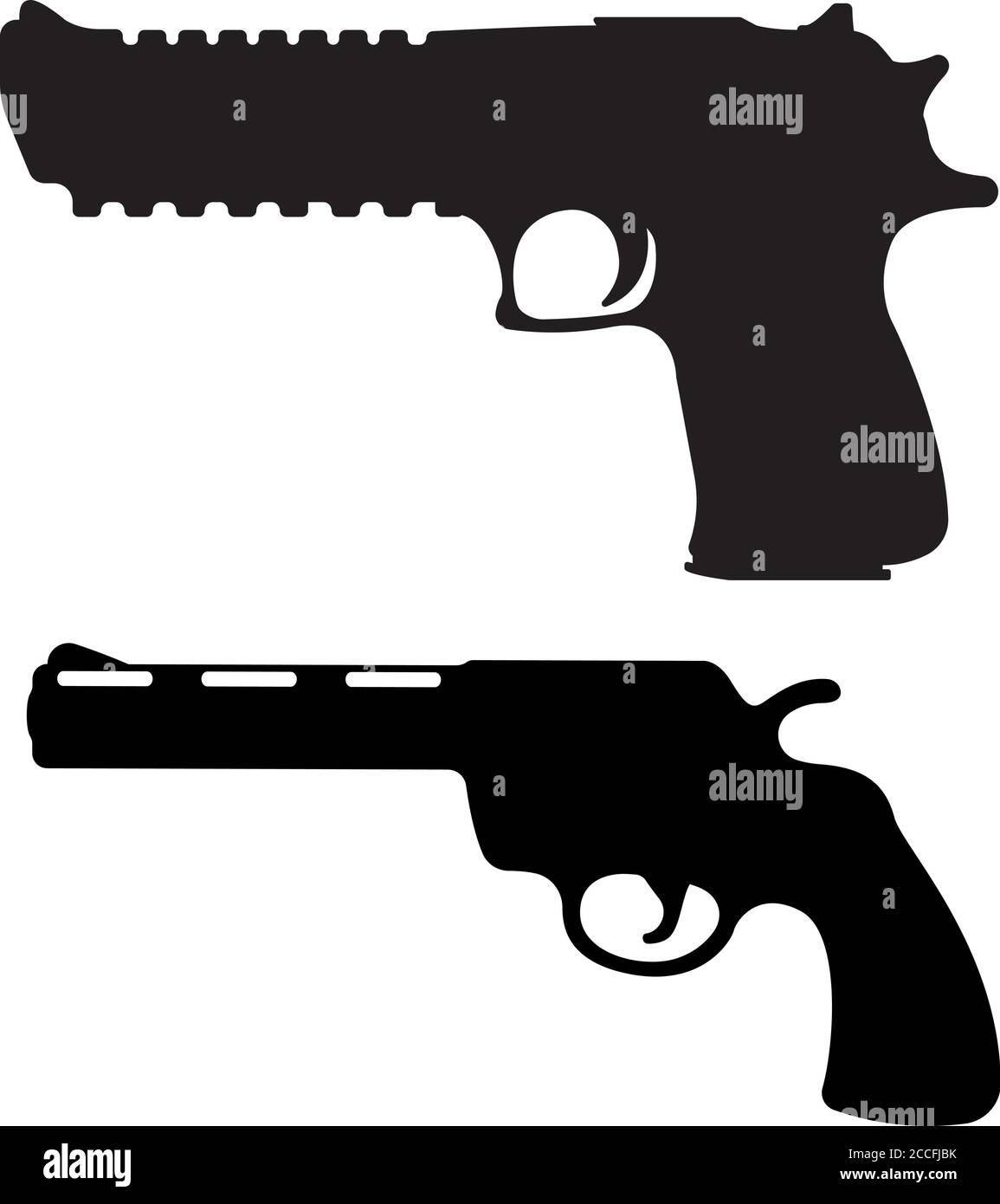 Set of revolver and desert eagle pistol icon, self defense weapon, concept simple black vector illustration, isolated on white. Shooting powerful fire Stock Vector