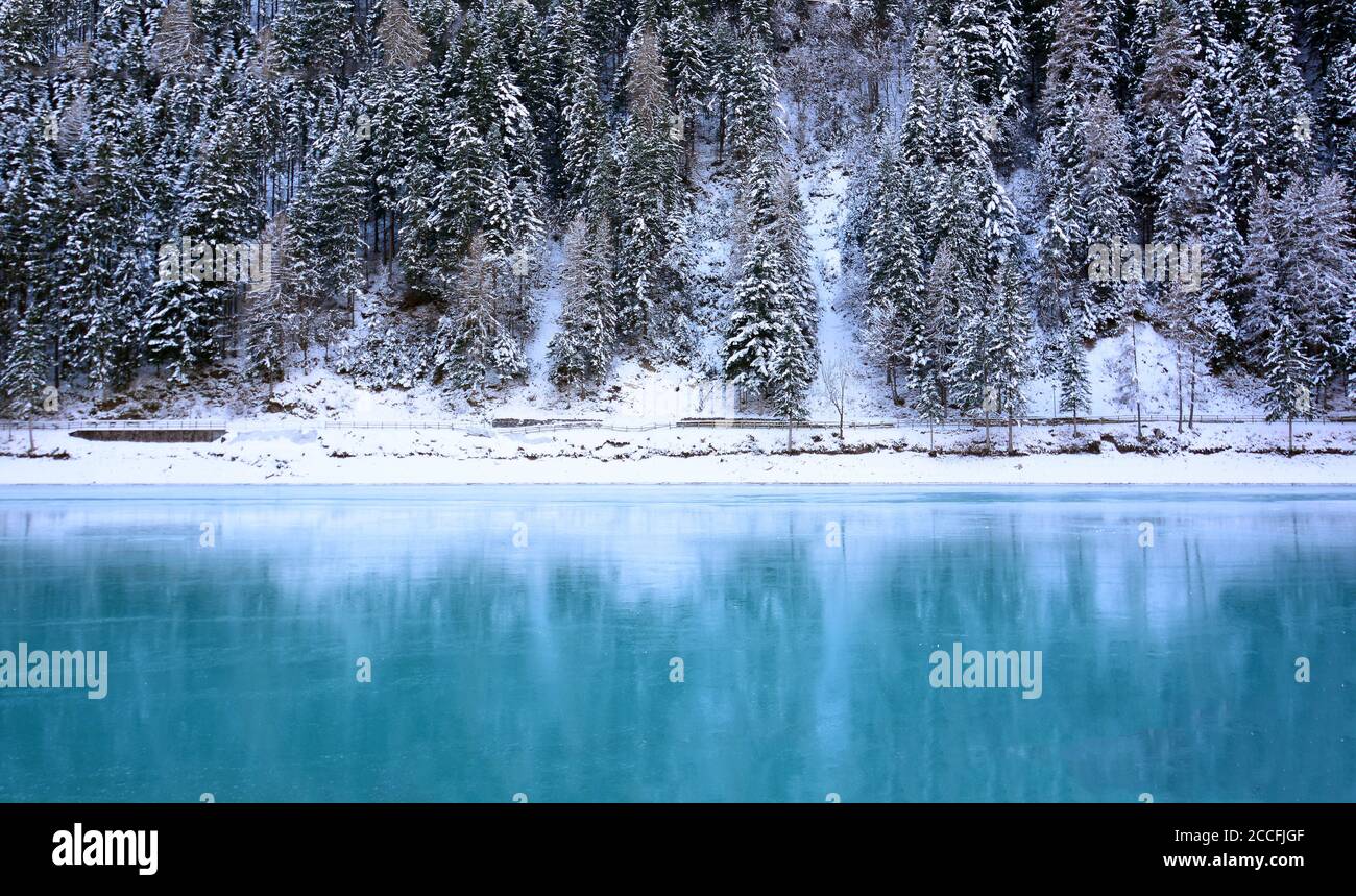 the frozen lake in the forest Stock Photo