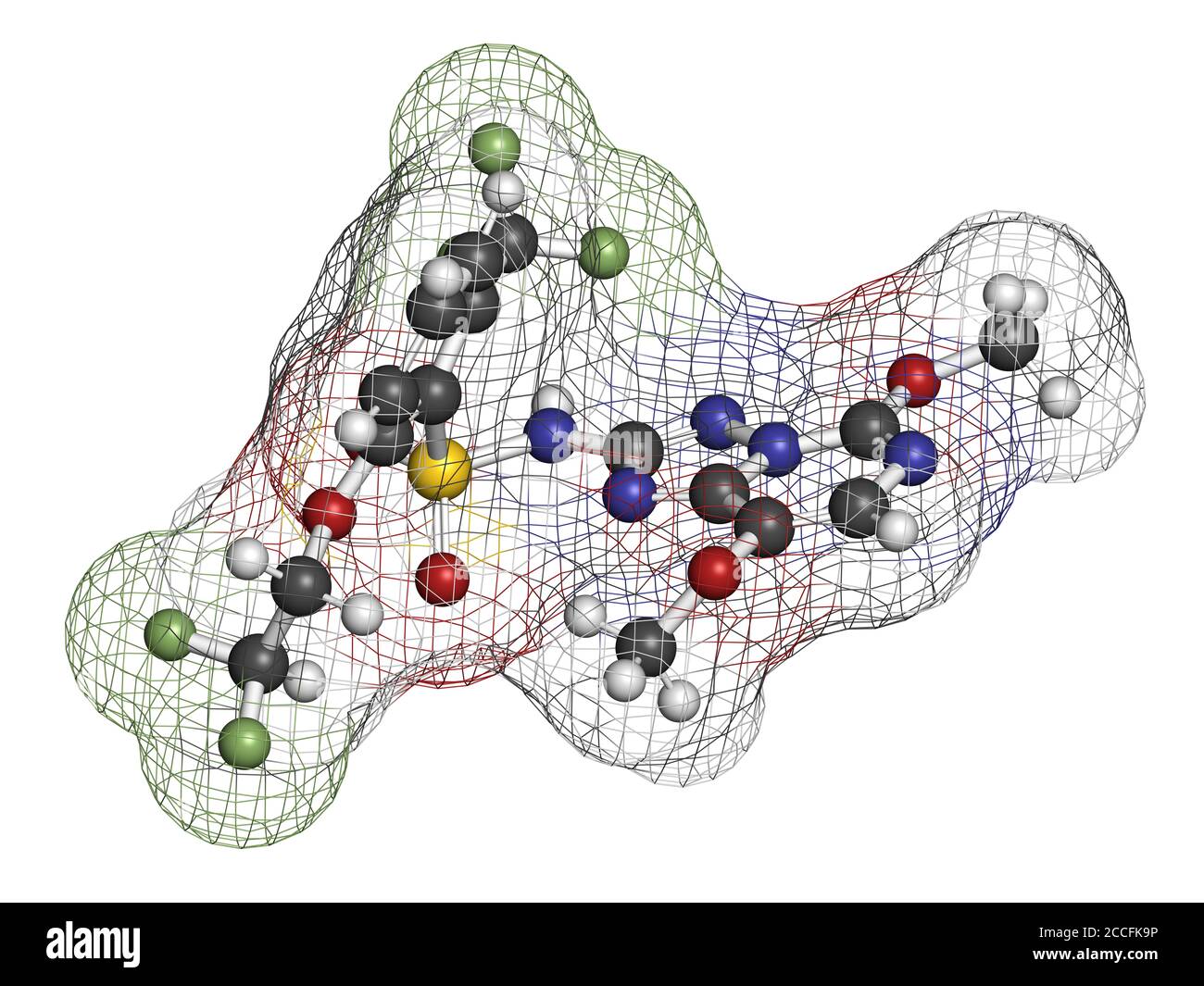 Penoxsulam herbicide molecule. 3D rendering. Atoms are represented as spheres with conventional color coding: hydrogen (white), carbon (grey), nitroge Stock Photo