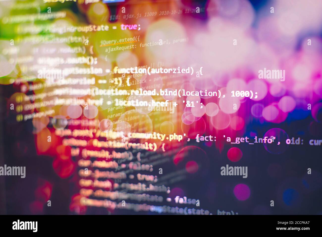 HTML5 in editor for website development. Website HTML Code on the Laptop Display Closeup Photo. Modern tech. Innovative startup project. Stock Photo